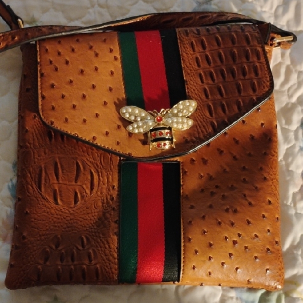Brown Designer Crossbody Bag with Bee Accent